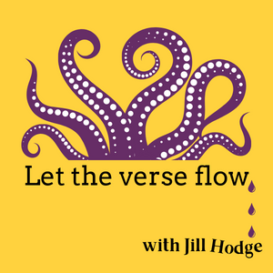 Cover art for new podcast, Let the Verse Flow: purple graphic with octopus tentacles and drops of ink
