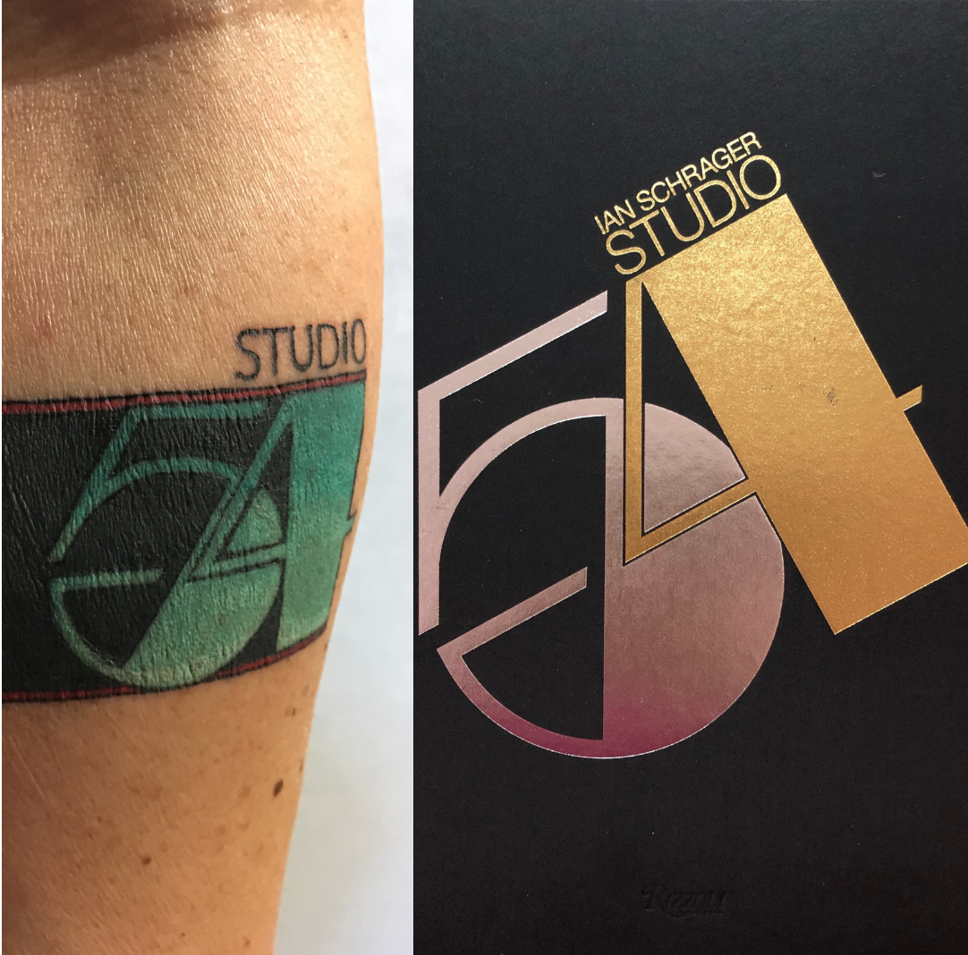 Left: picture of the author's Studio 54 tattoo; Right: cover of Ian Schrager's Book "Studio 54"