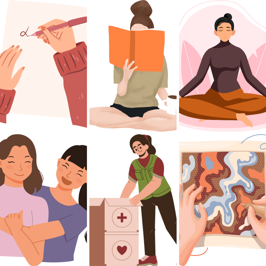 Cartoon images depicting journaling, reading, meditation, spending time with others, helping others and being creative.