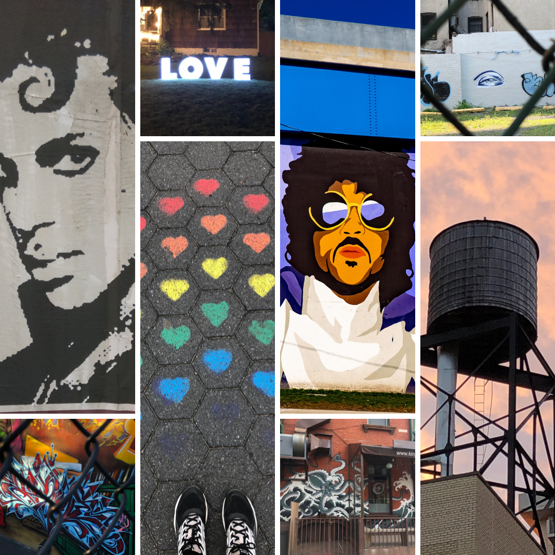 Photo montage with street art and posters of the artist Prince.