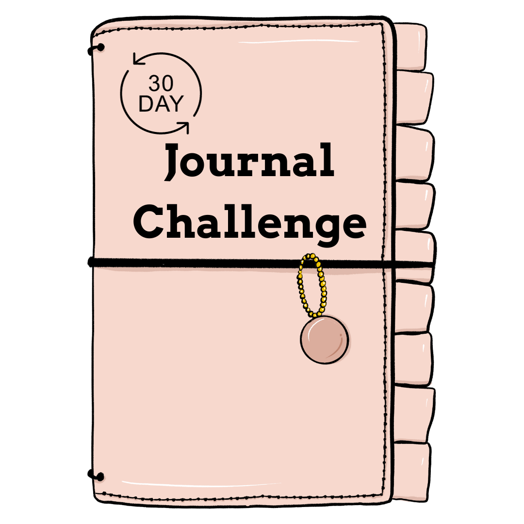 Rose-colored graphic of a journal with the words "30-Day Journal Challenge" on the cover