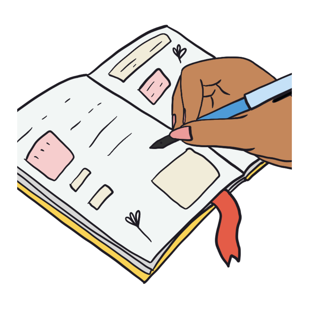 colorful graphic of an open page of a journal; a hand is writing writing with a pen on the page