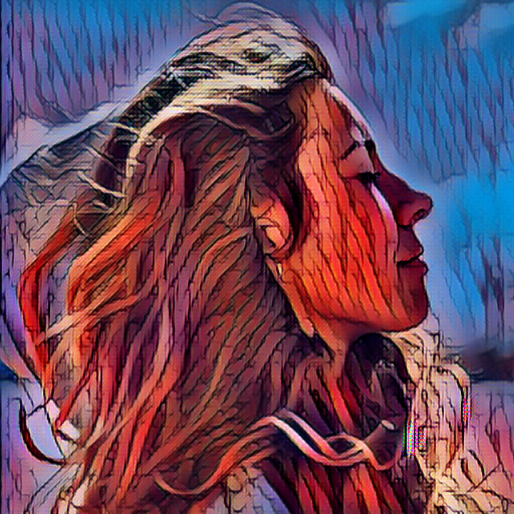 painter filter on image of a woman with hair blowing in the breeze