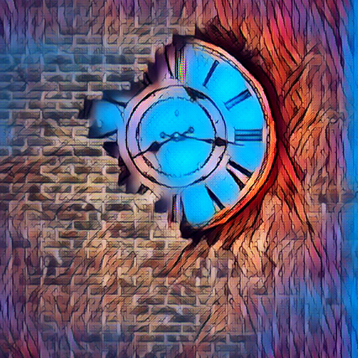 paint filter on photo of a clock breaking through a brick wall