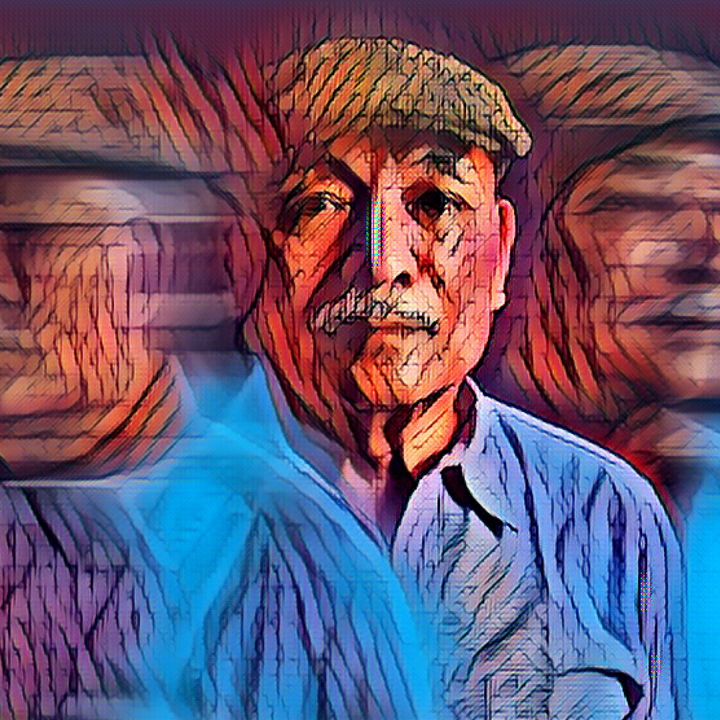 Painter filter on a photo of an elderly man; man's image is repeated and blurred to indicate movement