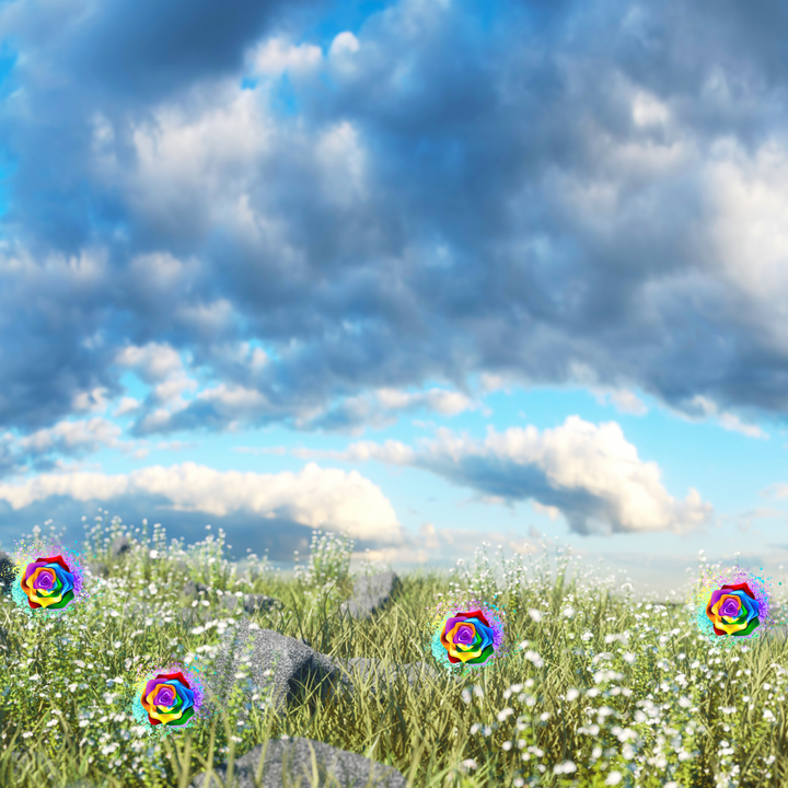 A green meadow with rainbow flowers 