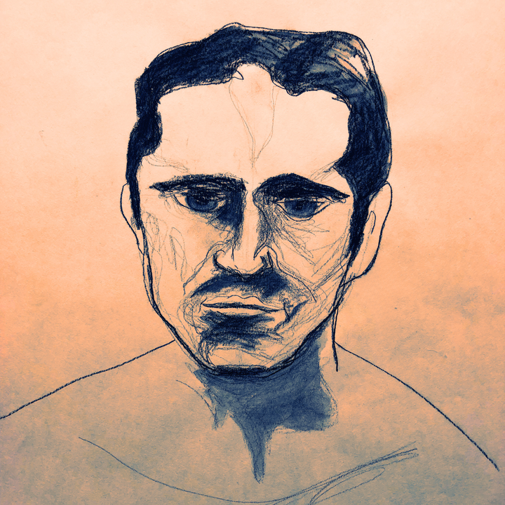 charcoal portrait sketch of a man with a mustache.